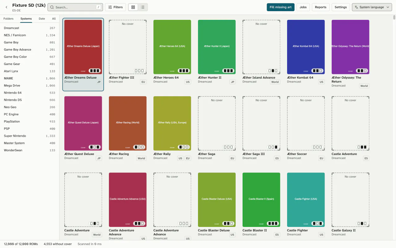 Coverly ROMs on a 12,000-ROM test fixture (ES-DE layout); the gaps are games with no cover.